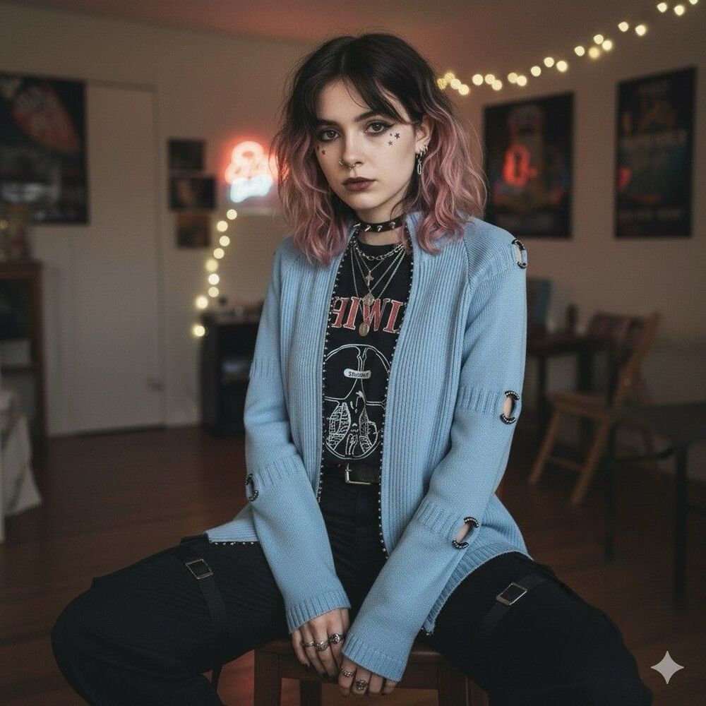 Just B Crystal Grommet Ribbed Zip Cardigan Sweater M Baby Blue E-Girl Y2K Gamer